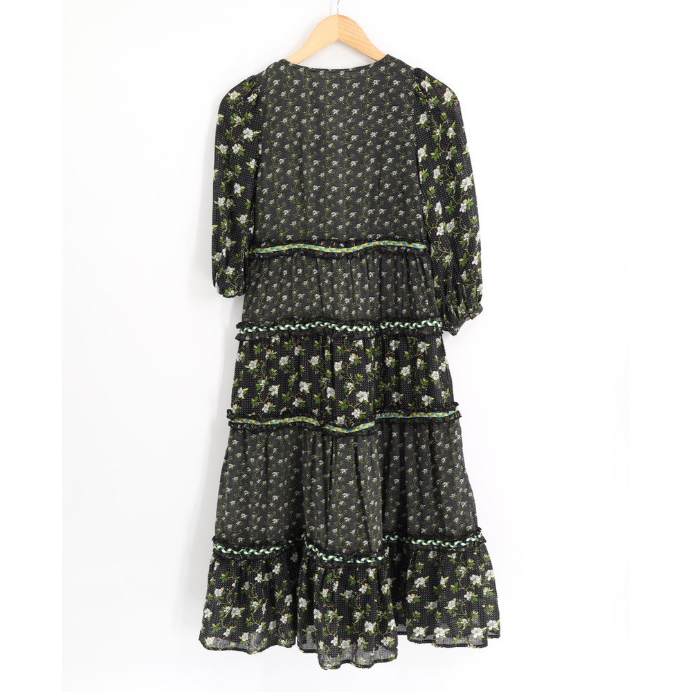 Anthropologie 0 Petite Karoline Boho Tiered Green and Black Floral Midi Dress - Picture 3 of 9
